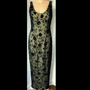 ADRIANNA PAPELL Evening Dress: Beaded Sequined Sheer Black Silk, Yellow Lining,4